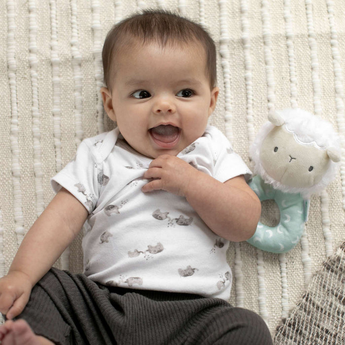 Sheppy the Sheep soft plush ring rattle baby toy in hand