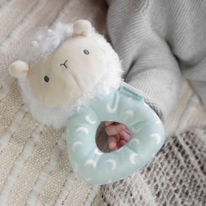 Sheppy the Sheep plush ring rattle for infants with soft fabric and gentle sounds