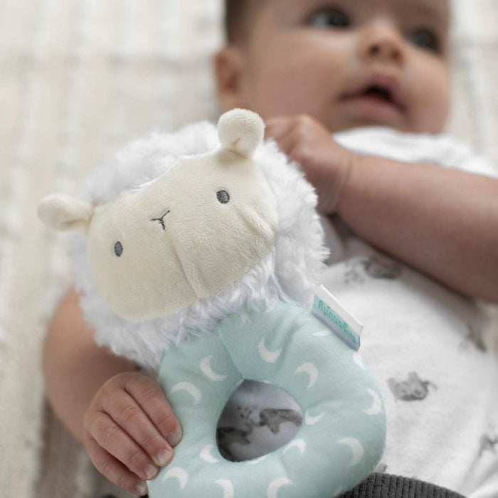 Sheppy the Sheep plush ring rattle for infants with soft fabric and gentle sound