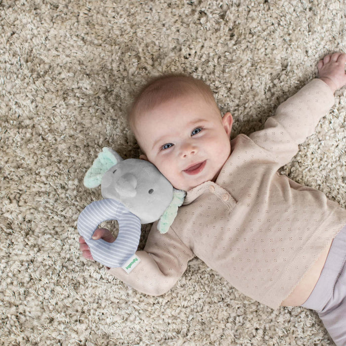 Ingenuity Premium Soft Plush Van the Elephant ring rattle for babies with gentle sound and soft fabric