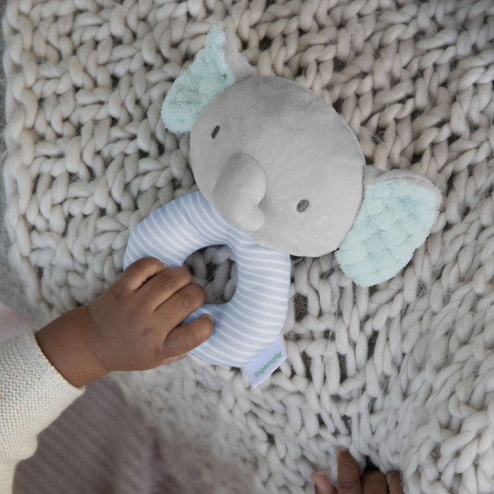 Ingenuity Premium Soft Plush Van the Elephant ring rattle for babies, soft fabric and gentle rattle sounds