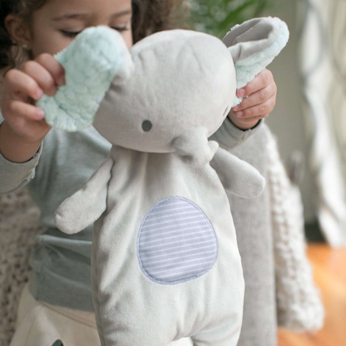 Soft plush soothing bean bag lovey shaped like Van the Elephant for baby comfort and sensory exploration