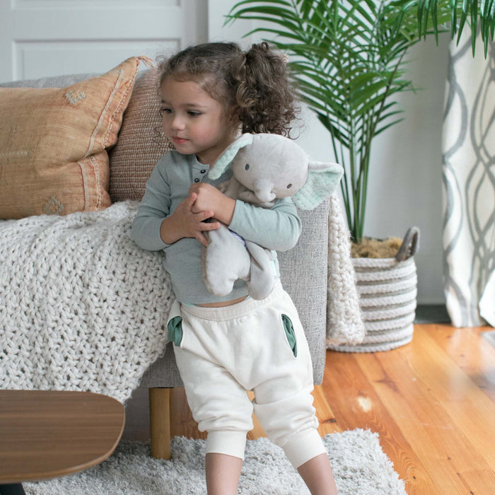 Soft plush soothing bean bag lovey Van the Elephant for baby comfort and sensory play