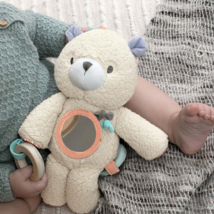Ingenuity Premium soft plush and wood baby activity toy teether Nate the Teddy Bear with wooden rings and knotted fabrics