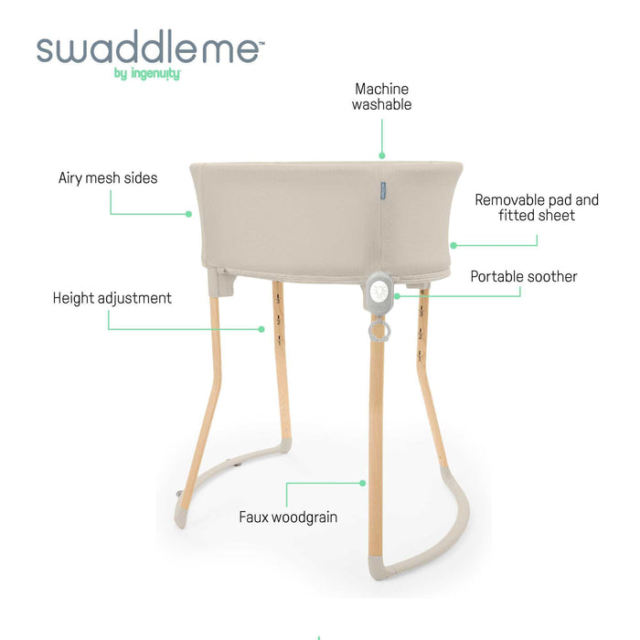 Ingenuity Right Height Adjustable Bassinet for Postpartum Recovery  4 Height Levels, Soothing Vibration, Light & Sound - Sand