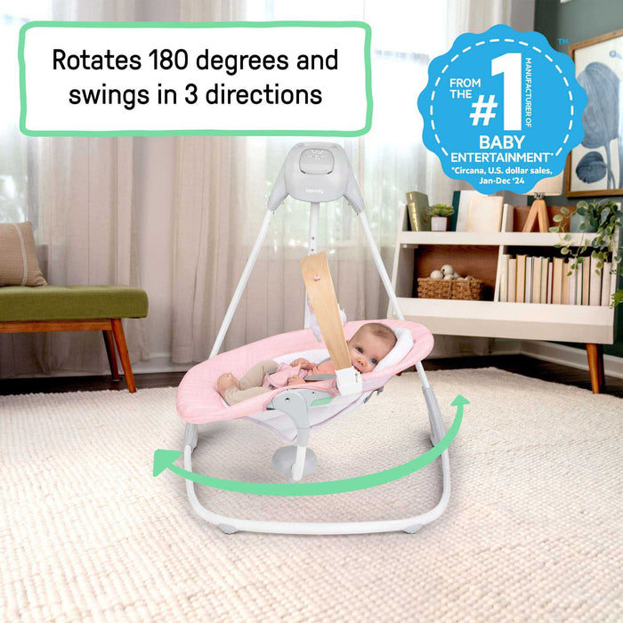 Ingenuity SimpleComfort Compact Soothing Swing, Rotating Toy Bar, Rotating Seat, 6 Speeds, For Ages 0-9 Months, Up to 20 Pounds - Chambray