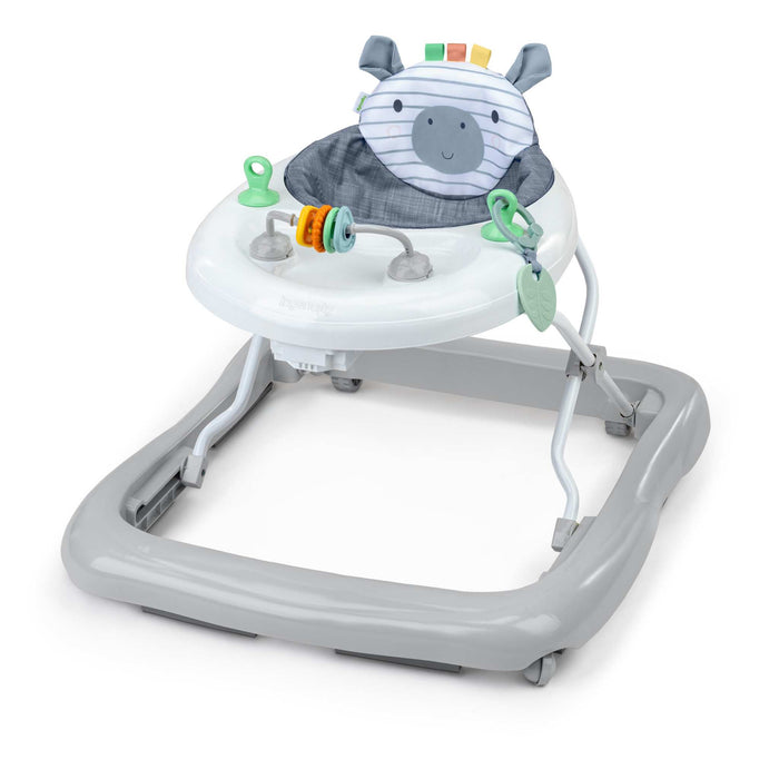 Ingenuity Smooth Strides Activity Walker in chambray with zebra seatback and removable bead chaser toy for baby walking support and play
