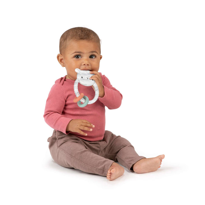 Ingenuity Soothing Sheppy BPA-free silicone baby teether toy with smooth texture and activity rings in gender-neutral colors