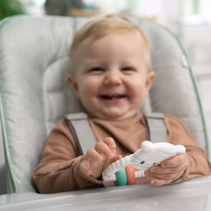 Ingenuity Soothing Sheppy BPA-free silicone baby teether with ergonomic ring design and gender-neutral colors