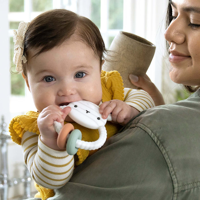 Ingenuity Soothing Sheppy BPA-free silicone baby teether with ergonomic ring design and activity rings in gender-neutral colors