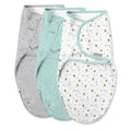 Easy Change Swaddle set with bee print, mint, and gray wraps for newborns up to 3 months, made of soft 100% cotton with convenient bottom zipper for quick diaper changes.
