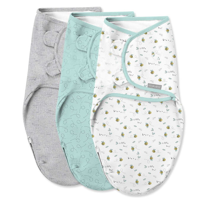 Easy Change Swaddle set with bee print, mint, and gray wraps for newborns up to 3 months, made of soft 100% cotton with convenient bottom zipper for quick diaper changes.