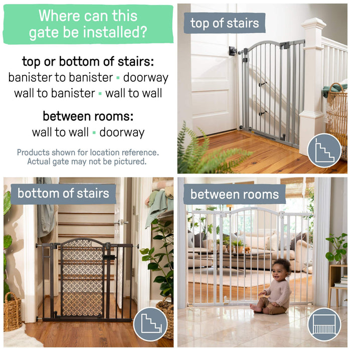 White Summer Extra Tall & Wide Baby and Dog Gate with decorative arch and pressure mount system for doorways and stairs safety