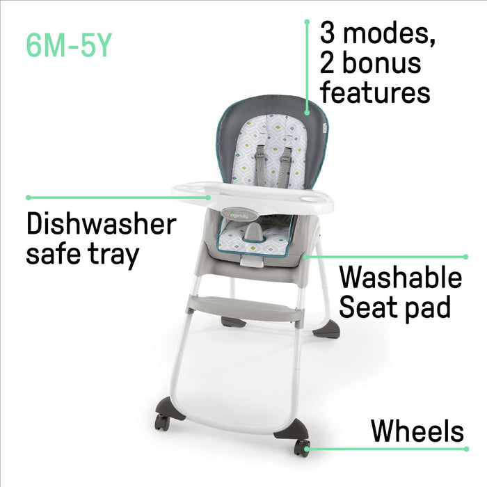 Ingenuity Trio 3-in-1 High Chair in gray with removable tray and adjustable seat for toddlers.