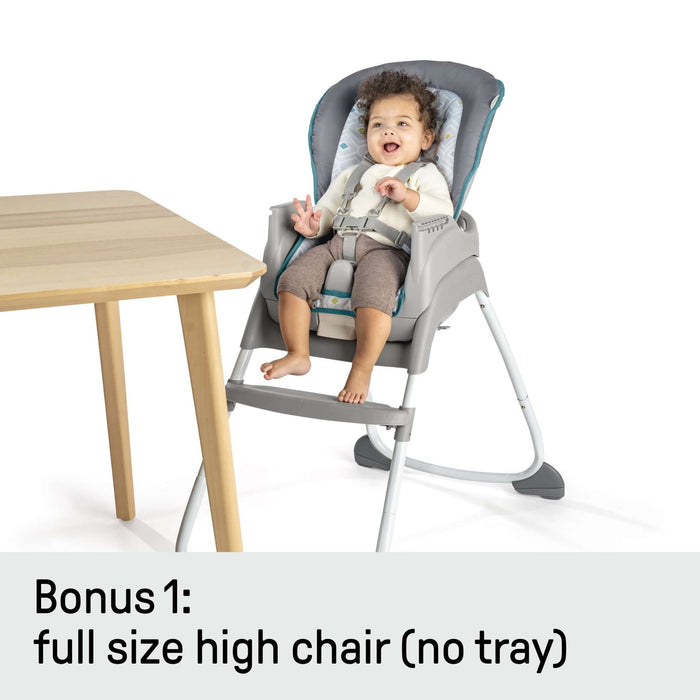 Ingenuity Trio 3-in-1 High Chair in neutral gray with removable dishwasher-safe tray and adjustable safety harness for toddlers and babies