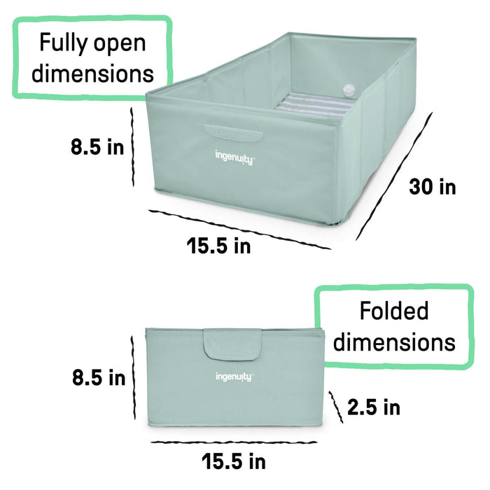 Foldable Ingenuity Tuckaway Travel Tub for babies and toddlers with waterproof lining and compact storage dimensions
