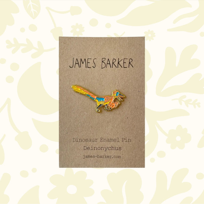James Barker Deinonychus Raptor Dinosaur Pin Badge – unique dinosaur gift for collectors, Jurassic fans, and enamel pin lovers.