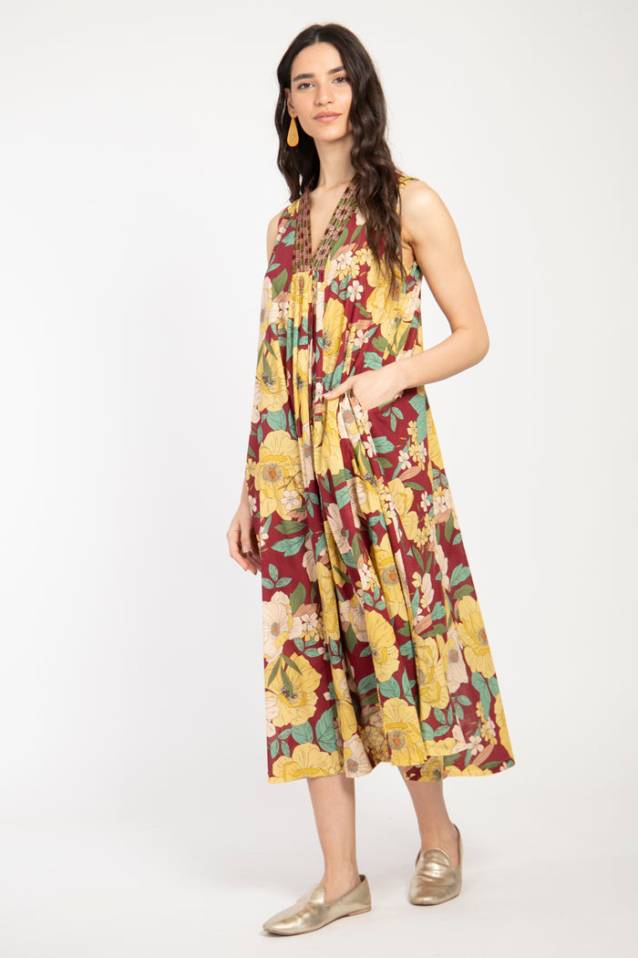 Jamila Cotton Yellow Floral Dress - Sleeveless