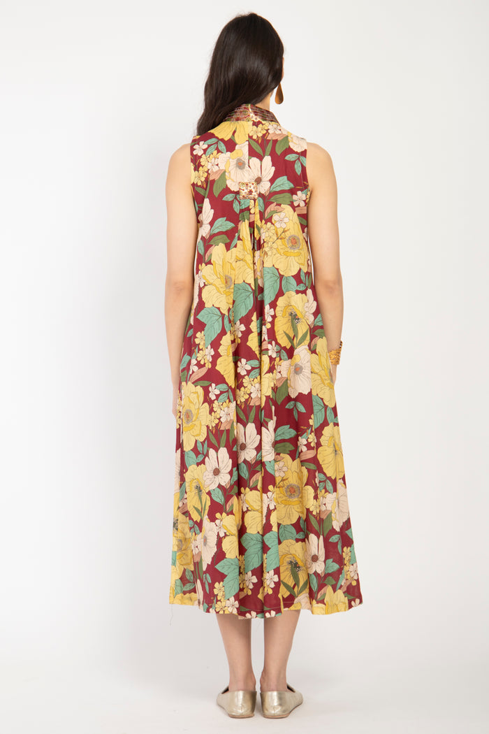 Jamila Cotton Yellow Floral Dress - Sleeveless