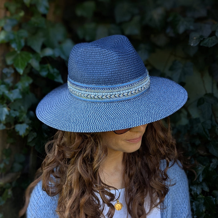 Jewelled Band Panama Foldable Hat (57cm) - Navy Blue