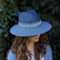 Jewelled Band Panama Foldable Hat (57cm) - Navy Blue