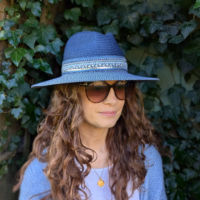 Jewelled Band Panama Foldable Hat (57cm) - Navy Blue