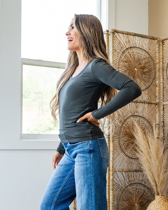 Jill Long Sleeve Ribbed Top - Charcoal SALE Be Cool