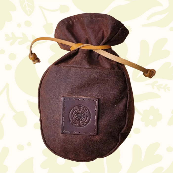 Forager Provisions LTD Journeyman Craft chestnut brown waxed canvas coffee pouch with a leather tie closure