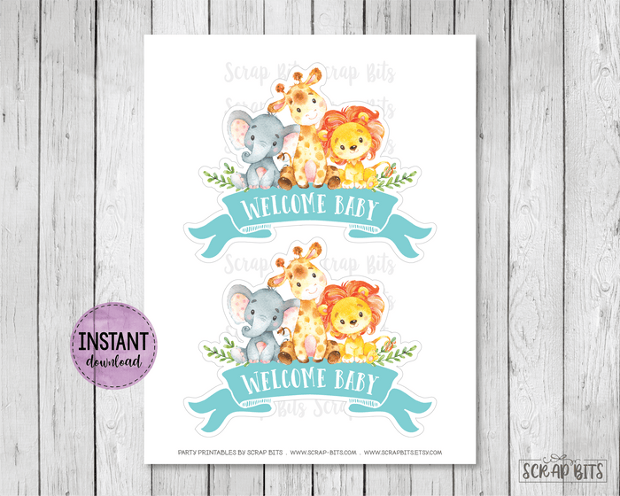 Jungle Baby Shower Cake Topper, Ocean Blue. Instant Download - Scrap Bits