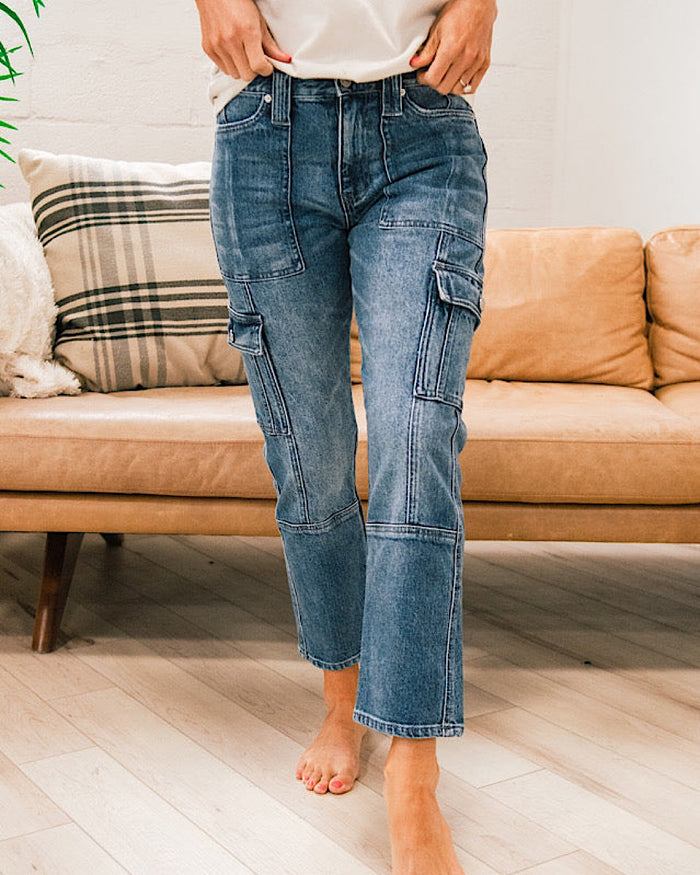 KanCan Avery Cargo Jeans - Color Options Available! KanCan Dark Wash Blue Denim