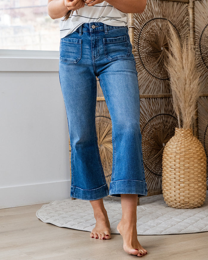KanCan Isabella Rolled Hem Crop Flare Jeans - Medium Wash KanCan