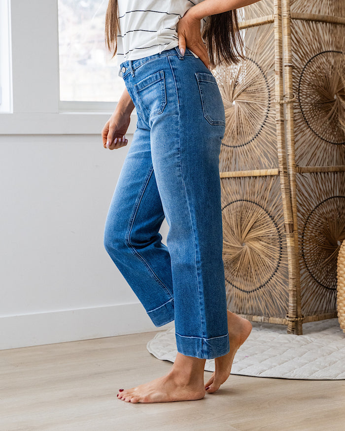 KanCan Isabella Rolled Hem Crop Flare Jeans - Medium Wash KanCan
