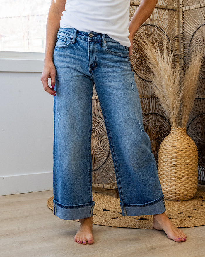 KanCan Jennifer Rolled Cuff Wide Leg Jeans - Color Options Available! KanCan Medium Wash Blue Denim