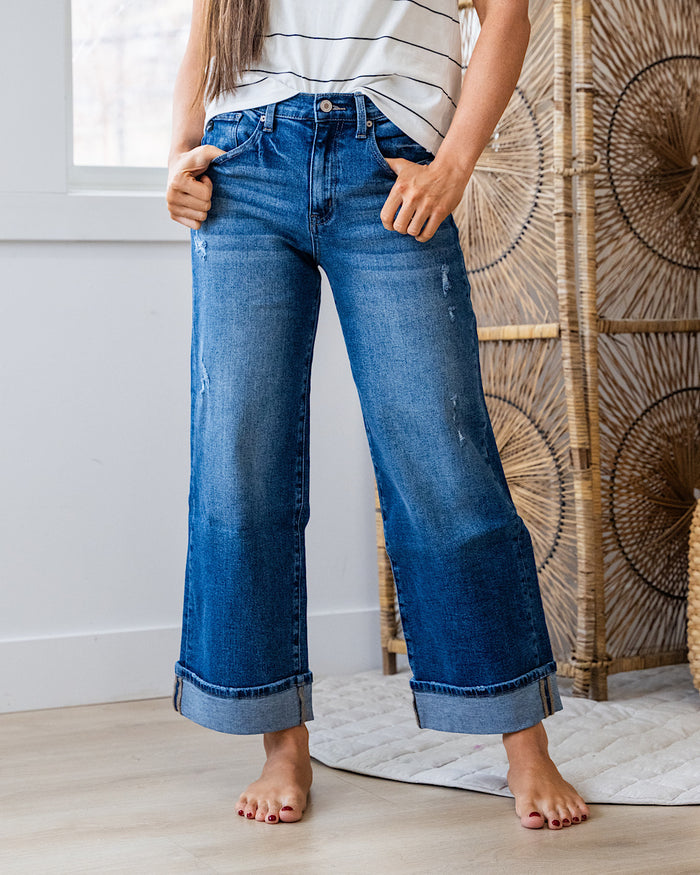 KanCan Jennifer Rolled Cuff Wide Leg Jeans - Color Options Available! KanCan Dark Wash Blue Denim