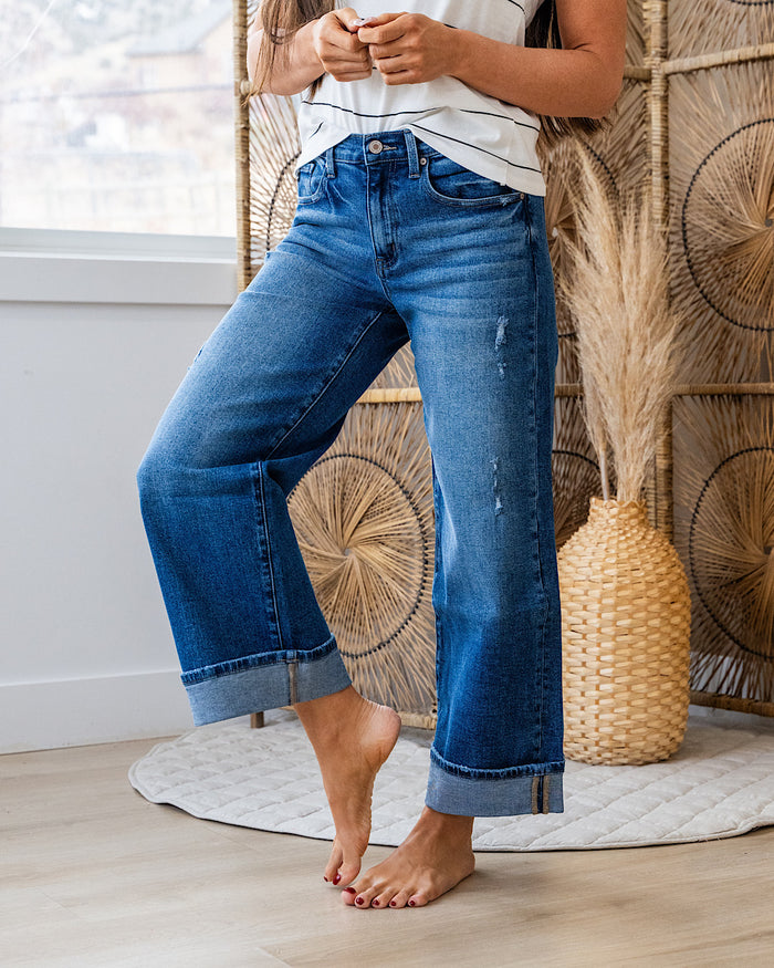 KanCan Jennifer Rolled Cuff Wide Leg Jeans - Dark Wash KanCan