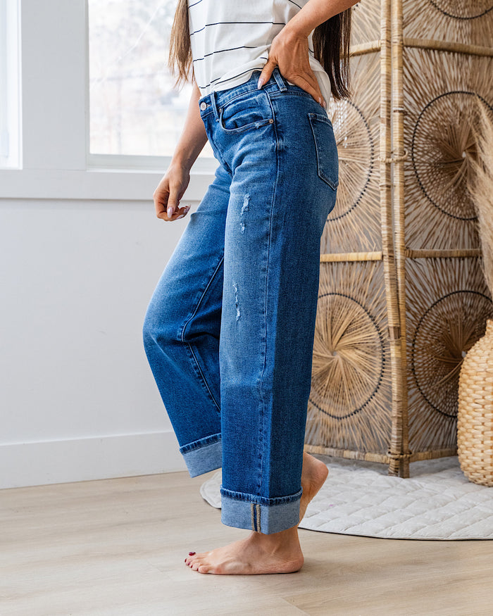 KanCan Jennifer Rolled Cuff Wide Leg Jeans - Dark Wash KanCan