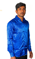 Klein Blue Solid Satin Silk Men's Long Sleeve Dress Shirt- CY-0539 - SimonVon Shop