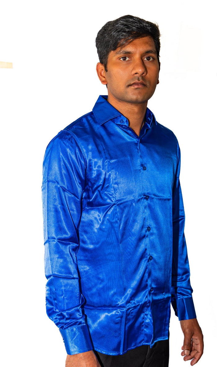 Klein Blue Solid Satin Silk Men's Long Sleeve Dress Shirt- CY-0539 - SimonVon Shop