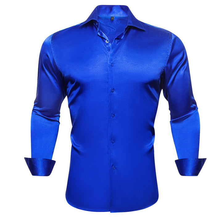 Klein Blue Solid Satin Silk Men's Long Sleeve Dress Shirt- CY-0539 - SimonVon Shop