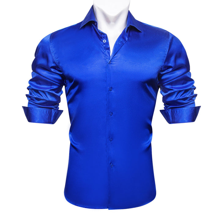 Klein Blue Solid Satin Silk Men's Long Sleeve Dress Shirt- CY-0539 - SimonVon Shop