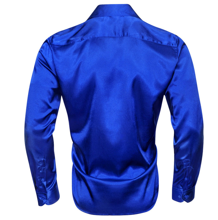 Klein Blue Solid Satin Silk Men's Long Sleeve Dress Shirt- CY-0539 - SimonVon Shop