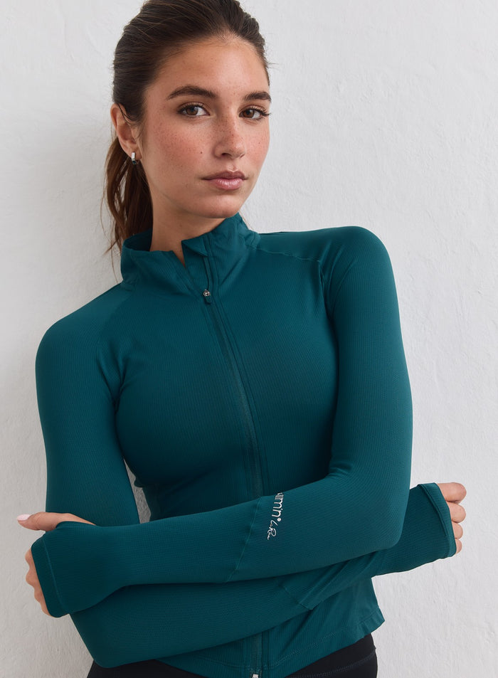 Lagoon-värinen verkkokankainen Running Zip Long Sleeve pystykauluksella ja puolivetoketjulla merkiltä aim'n. [M-178cm]