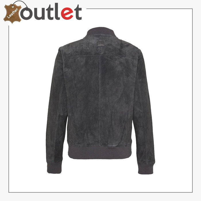 Side view of the modern black leather jacket showing low stand collar and narrow sleeves
