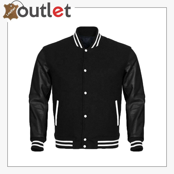 Letterman varsity jacket with wool body and sheep nappa leather sleeves, front view