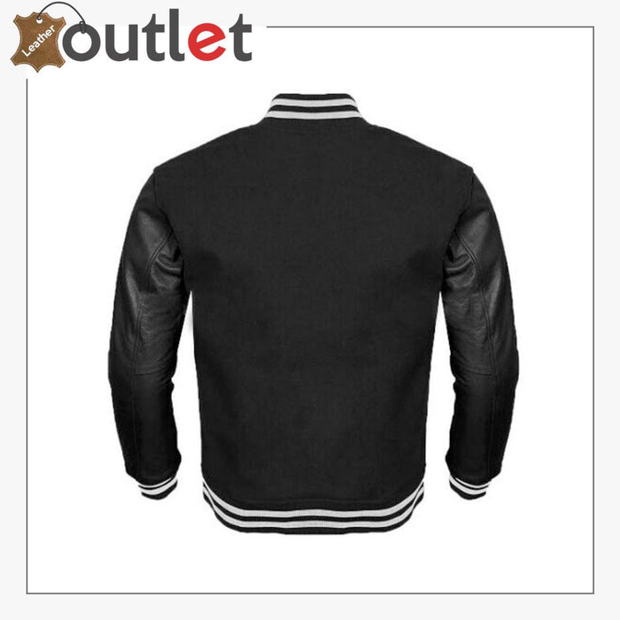 Side view of the nappa leather sleeve varsity jacket showing ribbed cuff and snap front