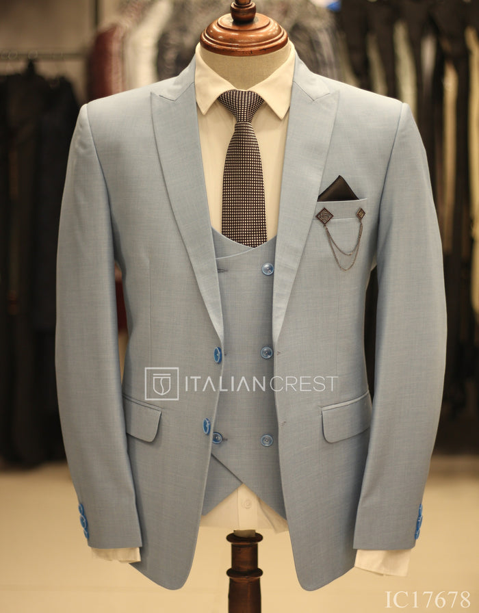Light Blue 3-Piece Peak Lapel Suit