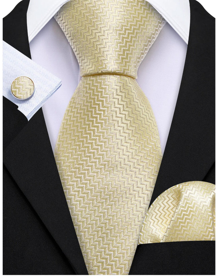 Light Yellow Ripple Silk 63 Inches Extra Long Tie Hanky Cufflinks Set- N-9558 - SimonVon Shop