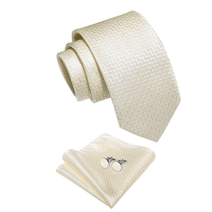 Light Yellow Ripple Silk 63 Inches Extra Long Tie Hanky Cufflinks Set- N-9558 - SimonVon Shop