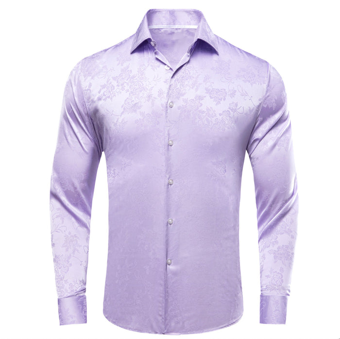 Lilac Purple Floral Silk Men's Long Sleeve Shirt-1645 - SimonVon Shop
