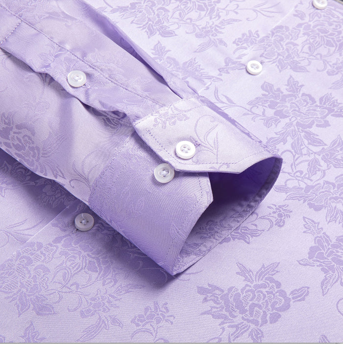 Lilac Purple Floral Silk Men's Long Sleeve Shirt-1645 - SimonVon Shop